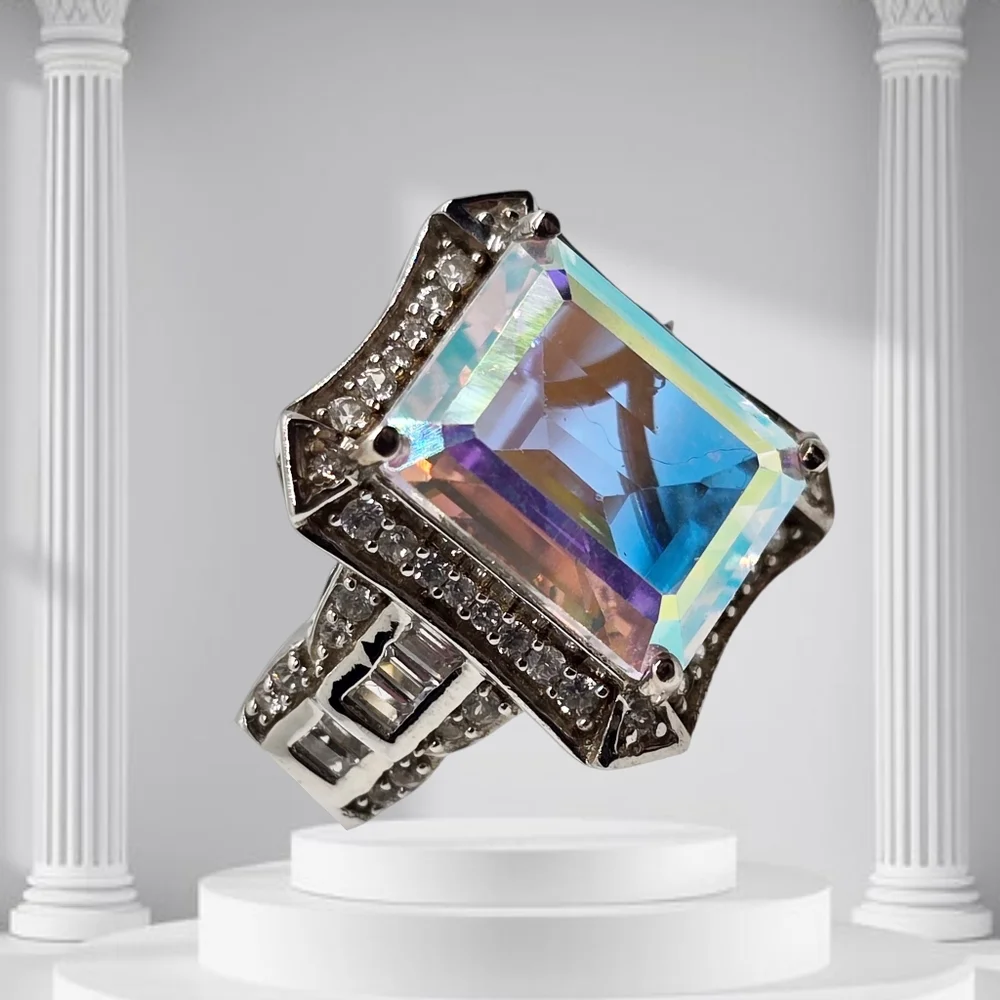 Mercury Mystic Topaz, White Zircon Ring In Platinum Over Sterling. Size 5 NWOT